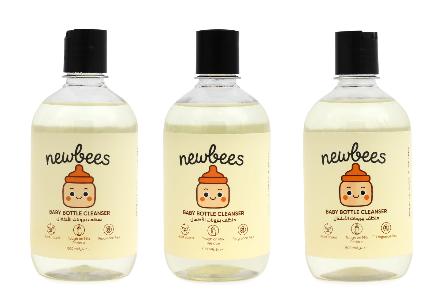 Three bottles of Newbees baby bottle cleanser on a white background